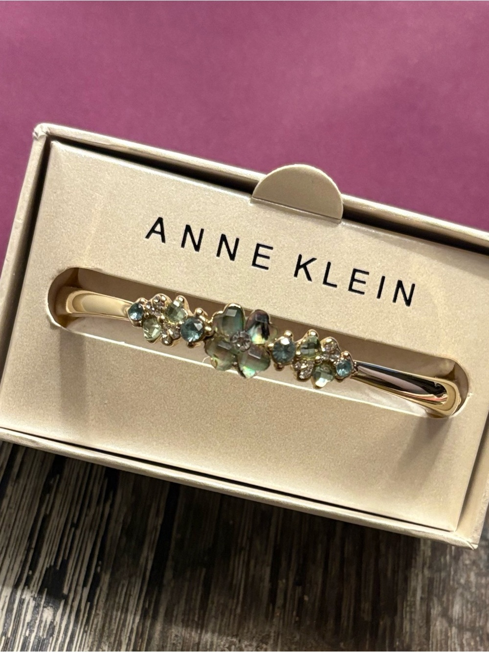 Anne Klein Gold Bracelet with Green Crystal Floral Cluster